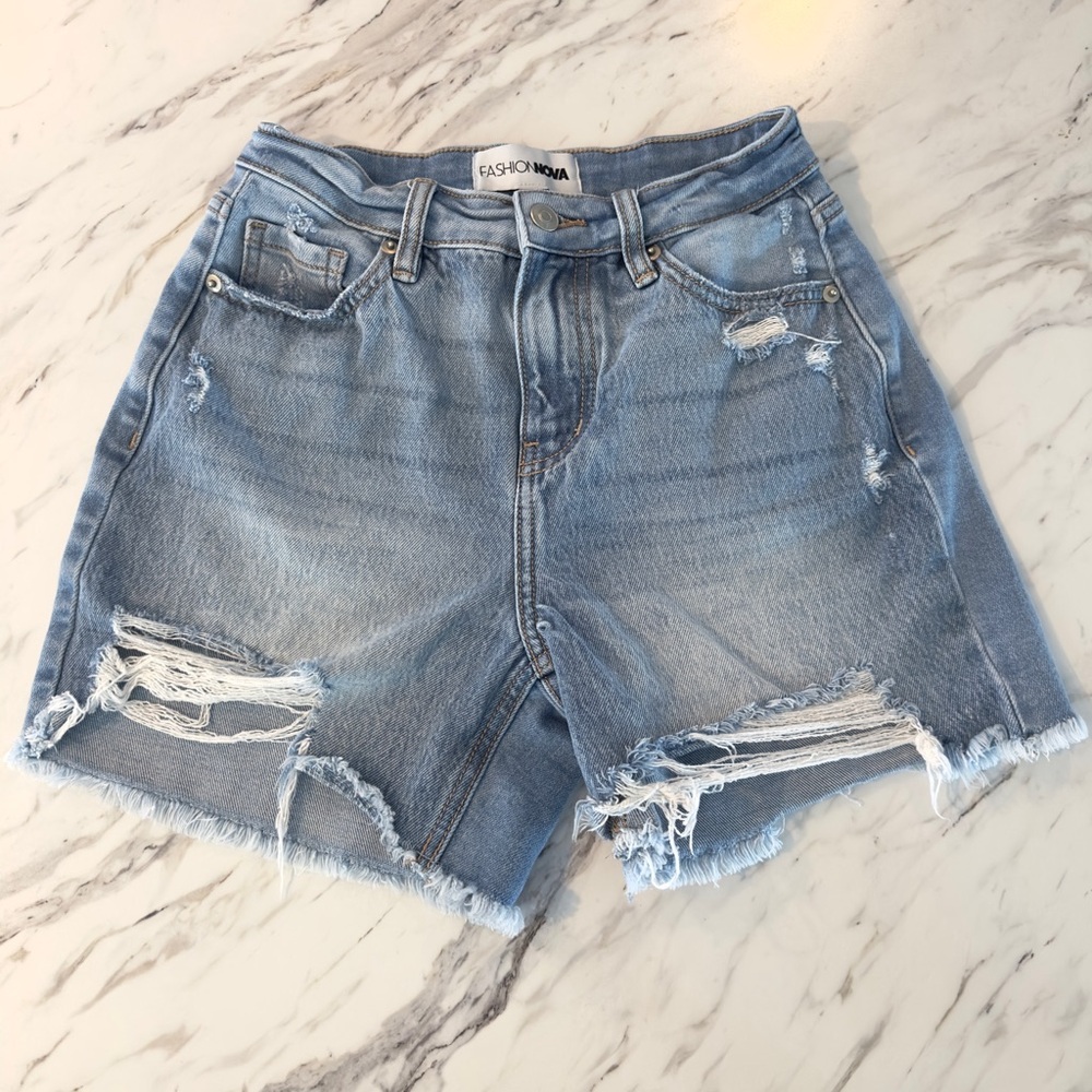 Fashion Nova Hallie Hybrid Ripped Denim Shorts - Light Wash